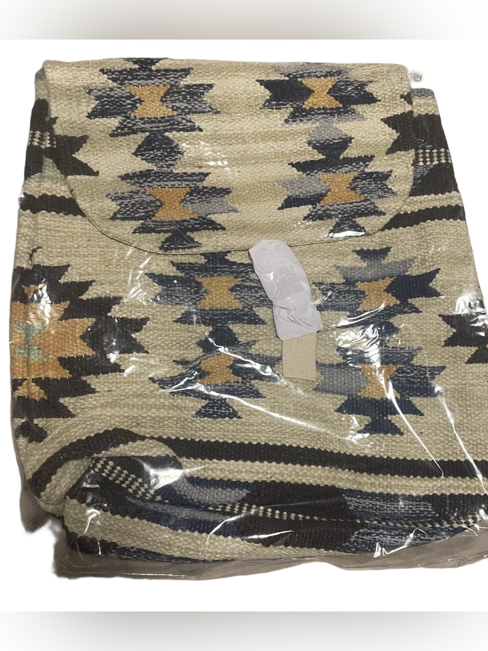($25) Woven Aztec Pattern Backpack in Cream, Navy & Mustard - Picture 3 of 5